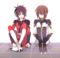  2boys black_boots black_hair boots brown_hair coat crossed_ankles gundam gundam_seed gundam_seed_destiny hair_between_eyes hugging_own_legs kira_yamato knee_boots looking_at_another male_focus military_uniform multiple_boys pants red_coat red_eyes red_pants seed0x0 shinn_asuka simple_background sitting sleeve_cuffs smile violet_eyes white_background white_boots white_coat white_pants zaft_uniform 