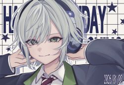  1girl berrytrt black_jacket character_name closed_mouth collared_shirt commentary contrast_lapels dated diagonal-striped_clothes diagonal-striped_necktie drop_shadow green_eyes grey_hair grid_background group_name hair_between_eyes hands_on_headphones hands_up happy_birthday headphones highres hinomori_shiho jacket lapels light_blush long_sleeves looking_at_viewer necktie open_clothes open_jacket portrait project_sekai red_necktie shirt short_hair sidelocks smile solo star_(symbol) striped_clothes symbol-only_commentary tsurime white_shirt 