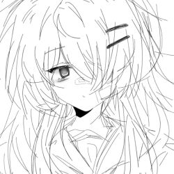  1girl 2000s_(style) bags_under_eyes bandaid bandaid_on_cheek bandaid_on_face bandaid_on_nose closed_mouth commentary empty_eyes english_commentary expressionless grey_eyes hair_ornament hairclip long_hair messy_hair naivefatei_(nemui) original school_uniform serafuku sketch upper_body 