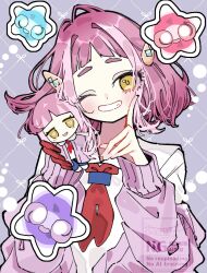  1girl arched_bangs cardigan character_doll commentary_request doll gloves grin hair_ornament hairclip ino_climate lacey_(pokemon) long_sleeves looking_at_viewer minior minior_(core) neckerchief one_eye_closed pink_cardigan pink_hair pokemon pokemon_(creature) pokemon_sv purple_background red_gloves red_neckerchief shirt short_hair simple_background single_glove smile upper_body white_shirt yellow_eyes 