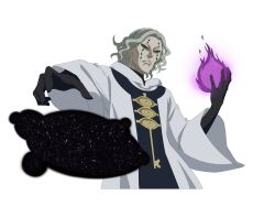 1boy absurdres black_clover black_clover_m:_rise_of_the_wizard_king black_sclera colored_sclera grey_hair highres looking_at_viewer magic non-web_source official_art robe simple_background solo transparent_background upper_body valtos wavy_hair white_robe yellow_eyes 