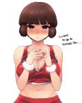  1girl bangs blunt_bangs blush breasts brown_hair cheerleader cleavage english isabeau_(smt) large_breasts looking_at_viewer midriff naso4 navel red_eyes shin_megami_tensei shin_megami_tensei_iv short_hair simple_background solo tears white_background 