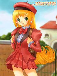  1girl 2002 artist_name backpack bad_id bag beret blonde_hair blue_sky blurry blurry_background bow bowtie brown_bag building buttons center_frills closed_mouth clouds commentary_request cowboy_shot day earrings flipped_hair frills gate green_eyes hat jacket jewelry juliet_sleeves kururu_(little_princess) little_princess long_hair long_sleeves lowres marl_kingdom miniskirt open_clothes open_jacket outdoors path pearl_earrings pleated_skirt puffy_sleeves red_bow red_bowtie red_hat red_jacket red_skirt red_vest saikachi_(ogre_tree) shirt skirt sky smile solo vest web_address white_shirt 