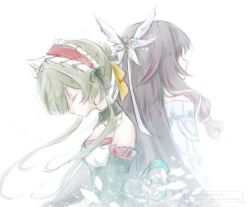  2girls artist_name back-to-back bare_shoulders black_bow black_dress black_hair black_sleeves bow breasts brown_hair closed_eyes columbina_(genshin_impact) commentary_request detached_collar detached_sleeves dress feathered_wings frilled_hairband frills from_behind gem genshin_impact gradient_hair hair_bow hair_bun hair_ornament hair_tubes hairband head_wings jewelry key lapels long_hair long_sleeves medium_breasts mpginyuu multicolored_hair multiple_girls multiple_wings no_mouth off-shoulder_dress off_shoulder pendant petals purple_hair red_gem red_hairband sandrone_(genshin_impact) short_hair_with_long_locks sidelocks simple_background sleeveless sleeveless_dress strapless strapless_dress two-tone_dress two-tone_hair upper_body watermark white_background white_dress wide_sleeves wing_collar wings x_hair_ornament 