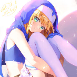  1girl 2025 bare_arms blonde_hair blue_hoodie bucchake_(asami) crop_top from_side green_eyes highres hood hoodie hugging_own_legs medium_hair midriff miniskirt nun ootomo_sourin_(sengoku_otome) sengoku_otome sitting skirt solo thigh-highs white_skirt white_thighhighs 