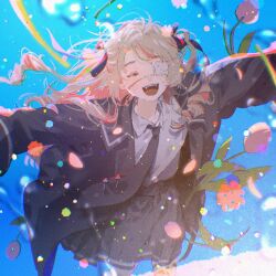  1girl :3 backlighting blazer blue_background blue_jacket blue_necktie blue_ribbon blue_sailor_collar blue_skirt blurry bokeh closed_eyes collared_shirt colored_inner_hair cowboy_shot depth_of_field drill_hair eyepatch fangs flower grey_hair hair_intakes hair_ribbon heart highres jacket lapels leg_tattoo light_particles long_hair long_sleeves makaino_ririmu maruko_inari medical_eyepatch miniskirt monitoring_(vocaloid) multicolored_hair necktie nijisanji notched_lapels official_alternate_costume official_alternate_hairstyle open_clothes open_jacket open_mouth outstretched_arms pink_flower pink_hair pink_streaks pink_tulip pleated_skirt pointy_ears ribbon sailor_collar school_uniform shirt shirt_tucked_in sidelocks skirt smile solo spread_arms streaked_hair tattoo teeth tie_clip tulip two-tone_hair two_side_up upper_teeth_only virtual_youtuber water_drop wet_lens white_shirt wind winged_heart winged_heart_tattoo 