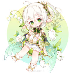  1girl absurdres ahoge anklet aqua_background black_sleeves bloomers boots border chibi chinese_commentary closed_mouth colored_tips commentary_request commission detached_sleeves dot_nose dress eyelashes flower genshin_impact gold_anklet gradient_background green_background green_eyes hair_between_eyes hair_ornament happy highres holding holding_flower jewelry leaf_hair_ornament light_particles lily_of_the_valley long_hair long_sleeves looking_at_viewer multicolored_hair nahida_(genshin_impact) nuli_de_chengzhi_er outside_border pointy_ears round_border sample_watermark short_dress side_ponytail sleeveless sleeveless_dress smile socks solo stirrup_legwear tailcoat tareme toeless_legwear two-sided_dress two-sided_fabric two-tone_background variant_set vision_(genshin_impact) watermark weibo_watermark white_bloomers white_border white_dress white_flower white_hair white_socks 