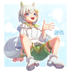  1girl animal_ears blue_eyes blush boots bracelet breasts brown_choker choker collarbone commentary_request creape ear_covers flower frills full_body green_sailor_collar green_shorts grey_hair hair_between_eyes hair_flower hair_ornament hairclip highres horse_ears horse_girl horse_tail jewelry long_sleeves looking_at_viewer open_mouth sailor_collar seiun_sky_(reeling_in_the_big_one)_(umamusume) seiun_sky_(umamusume) shirt short_hair shorts single_ear_cover small_breasts smile solo sunflower sunflower_hair_ornament tail teeth thigh_strap umamusume upper_teeth_only white_boots white_shirt 