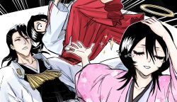  1boy 2girls antatica11 black_hair black_kimono bleach closed_eyes collarbone crying emphasis_lines hair_between_eyes hakama halo hand_in_own_hair highres japanese_clothes kimono kuchiki_byakuya kuchiki_hisana kuchiki_rukia long_hair long_sleeves meme multiple_girls naoya_hitting_choso_without_looking_(meme) pink_kimono red_hakama smile throwing throwing_person wide-eyed yellow_halo 