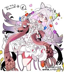  1girl blush cone_hair_bun dress fate/grand_order fate_(series) flora_(fate) flower-shaped_pupils glasses hair_bun heart heart_hands highres kuriimu0203 long_hair scarf smile solo symbol-shaped_pupils twitter_username white_dress white_hair 