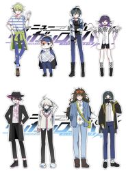  6+boys ^_^ alternate_costume amami_rantaro android arm_behind_head artist_request bag black_boots blue_jacket blue_pants boots bowler_hat casual checkered_socks closed_eyes clothes_around_waist copyright_logo danganronpa_(series) danganronpa_v3:_killing_harmony denim expressionless eyewear_on_head full_body gokuhara_gonta green_hair hair_between_eyes happy hat height_difference highres hoshi_ryoma jacket jacket_around_waist jacket_on_shoulders jeans k1-b0 kneehighs logo long_hair male_focus messy_hair momota_kaito multiple_boys oma_kokichi one_eye_closed pants purple_hair saihara_shuichi shinguji_korekiyo short_hair short_male shoulder_bag simple_background socks sunglasses sweater third-party_source torn_clothes torn_jeans torn_pants very_long_hair white_background white_jacket 