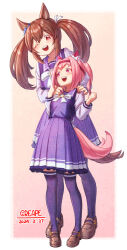  2girls animal_ears blush bow bowtie breasts brown_hair commentary_request creape ear_bow ear_covers flower-shaped_pupils flower_in_eye hair_between_eyes hair_ornament hairband hands_on_another's_shoulders haru_urara_(umamusume) headband height_difference highres hishi_akebono_(umamusume) horse_ears horse_girl horse_tail long_hair multiple_girls one_eye_closed open_mouth pink_eyes pink_hair pink_headband pleated_skirt ponytail purple_sailor_collar purple_serafuku purple_shirt purple_skirt purple_thighhighs red_eyes red_headband sailor_collar sailor_shirt school_uniform serafuku shirt shoes skirt smile symbol-shaped_pupils symbol_in_eye tail thigh-highs tracen_school_uniform twintails umamusume white_bow white_bowtie zettai_ryouiki 