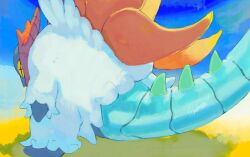  +_+ bug colored_sclera fluffy hashtag-only_commentary highres moth multiple_wings no_humans orange_wings pokemon pokemon_(creature) pokemon_sv sakuraiisui slither_wing standing symbol-shaped_pupils tail white_fur wings yellow_sclera 