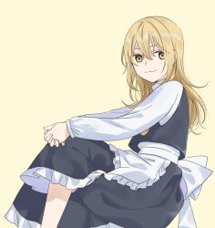  1girl absurdres apron back_bow black_skirt black_vest blonde_hair bow closed_mouth commentary_request crossed_legs frilled_skirt frills highres interlocked_fingers kirisame_marisa light_smile long_hair looking_at_viewer no_headwear own_hands_together simple_background skirt solo touhou tsuno_no_hito vest waist_apron white_apron white_bow yellow_background yellow_eyes 