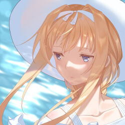  1girl alice_zuberg blonde_hair blue_eyes collarbone commentary_request hat highres long_hair marsirome ribbon solo sun_hat sword_art_online sword_art_online:_alicization upper_body 