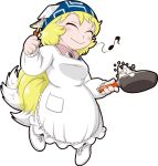  ^_^ animal_ears apron closed_eyes cooking fox_ears fox_tail frying_pan happy head_scarf leex multiple_tails musical_note rice short_hair smile solo tail touhou yakumo_ran 
