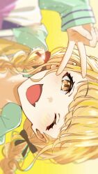 1girl black_ribbon blonde_hair blush braid braided_twintails fang fujita_kotone gakuen_idolmaster green_jacket hair_ribbon hand_up hashtag-only_commentary highres idolmaster jacket lens_flare long_sleeves looking_at_viewer multicolored_jacket one_eye_closed open_mouth orange_eyes portrait ribbon sideways skin_fang solo swept_bangs twin_braids twintails un1rock v v_over_eye white_jacket yellow_background 
