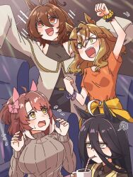  4girls agnes_tachyon_(umamusume) ahoge alternate_costume animal_ears black_hair breasts brown_hair dantsu_flame_(umamusume) ear_covers ear_ornament earrings echieichi english_commentary hair_between_eyes hair_ornament highres horse_ears horse_girl jam_(umamusume) jewelry jungle_pocket_(umamusume) large_breasts long_bangs long_hair long_hair_between_eyes long_sleeves manhattan_cafe_(umamusume) medium_hair multicolored_hair multiple_girls red_eyes single_earring umamusume umamusume:_beginning_of_a_new_era white_hair yellow_eyes 