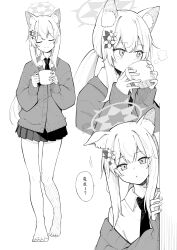  1girl alternate_costume animal_ears bare_legs barefoot black_skirt blue_archive cardigan cat_ears closed_eyes commentary_request cup drinking flower full_body greyscale hair_flower hair_ornament halo highres holding holding_cup long_hair long_sleeves looking_at_viewer mari_(blue_archive) miniskirt monochrome mug multiple_views necktie pleated_skirt school_uniform skirt smile solo translation_request yoimura 