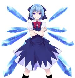 1girl black_socks blue_dress blue_eyes blue_hair bow bowtie cirno collared_shirt commentary_request crossed_arms crote dress feet_out_of_frame grin hair_bow hair_ornament highres ice ice_wings large_variant_set legs_apart looking_at_viewer parted_lips pinafore_dress puffy_short_sleeves puffy_sleeves red_bow red_bowtie shirt short_hair short_sleeves skirt skirt_set sleeve_cuffs sleeveless sleeveless_dress smile socks solo tachi-e touhou transparent_background v-shaped_eyebrows variant_set white_shirt wings 
