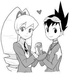 1boy 1girl bad_id bow drill_hair eyewear_on_head geo_stelar_(mega_man) hair_bow heart heriyama holding_hands jewelry long_hair looking_at_viewer lowres luna_platz_(mega_man) mega_man_(series) mega_man_star_force_(series) necklace simple_background smile twin_drills twintails very_long_hair white_background