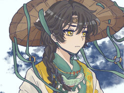  1girl black_hair brown_hat chinese_clothes closed_mouth clouds coat green_robe hanfu hat highres liang_yue_(reverse:1999) looking_to_the_side low_twintails midu_(user_xnfe5835) official_alternate_costume portrait reverse:1999 rice_hat robe solo twintails white_coat yellow_eyes 