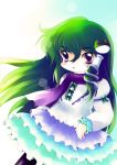  absurdres alternate_costume chibi frills frog green_hair highres kochiya_sanae long_hair scarf snake touhou yume_shokunin 