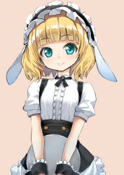  1girl animal_ear_hairband animal_ears apron black_bodice black_cross_tie black_hairband blonde_hair blue_eyes blunt_bangs bodice center_frills closed_mouth commentary_request cross_tie fake_animal_ears fleur_de_lapin_uniform frilled_apron frilled_hairband frilled_shirt frilled_wrist_cuffs frills gochuumon_wa_usagi_desu_ka? hairband highres holding holding_tray kintarou_(kintarou's_room) kirima_syaro lolita_hairband looking_at_viewer lop_rabbit_ears maid making-of_available pink_background puffy_short_sleeves puffy_sleeves rabbit_ear_hairband rabbit_ears raised_eyebrows shirt short_hair short_sleeves simple_background smile solo straight-on suspenders tray underbust upper_body v_arms waist_apron waitress wavy_hair white_apron white_shirt wrist_cuffs 