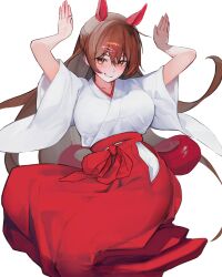  1girl absurdres alternate_costume alternate_hairstyle animal_ears blush breasts brown_eyes brown_hair chuunibyou_demo_koi_ga_shitai! clothing_request grin gunu_(nyzn3223) hair_between_eyes hair_ornament hairclip highres horse_ears horse_girl large_breasts long_hair looking_at_viewer nibutani_shinka simple_background smile solo teeth white_background 