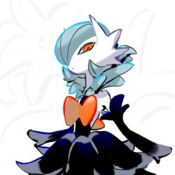  alternate_color black_dress blue_hair bob_cut colored_skin dress elbow_gloves gardevoir gloves hair_over_one_eye lowres mega_gardevoir mega_pokemon orange_eyes pokemon pokemon_(creature) raine_(acke2445) shiny_pokemon strapless strapless_dress white_gloves white_skin 