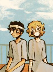 2boys alternate_eye_color antenna_hair bandaged_arm bandaged_head bandages bandaid bandaid_on_face bandaid_on_nose basil_(faraway)_(omori) basil_(hospital_gown)_(omori) basil_(omori) black_eyes black_hair blonde_hair blue_sky blush bright_pupils closed_mouth clouds cloudy_sky collarbone commentary double-parted_bangs english_commentary eyepatch hair_behind_ear hair_between_eyes highres hospital_gown looking_at_another male_focus medical_eyepatch multiple_boys omori ottie_pops outdoors railing short_sleeves sitting sky spoilers sunny_(hospital_gown)_(omori) sunny_(omori) white_pupils 