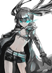  1girl absurdres belt bikini black_coat black_gloves black_hair black_rock_shooter black_rock_shooter_(character) black_shorts blue_eyes blue_fire coat commentary_request fire flaming_eye front-tie_bikini_top front-tie_top gloves glowing glowing_eye highres long_hair open_clothes open_coat pale_skin reina10000 shorts star_(symbol) swimsuit twintails white_background 