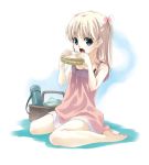  1girl blonde_hair bomi child copyright_request dress eating long_hair open_mouth picnic_basket sandwich solo two_side_up 
