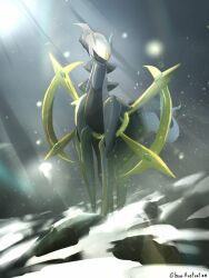  arceus bo_(bouillustration) colored_sclera colored_skin commentary_request gem green_gem green_sclera highres horns light_rays no_humans pokemon pokemon_(creature) pokemon_dppt pokemon_focus red_eyes sunbeam sunlight white_skin 