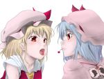  bad_id blonde_hair blue_hair cherry face fangs flandre_scarlet food fruit hat lezt mouth_hold multiple_girls open_mouth orange_eyes pointy_ears profile red_eyes remilia_scarlet siblings sisters touhou 
