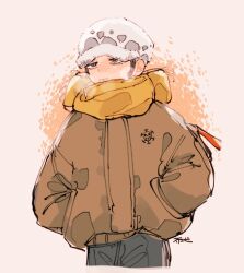  1boy :| akuta_ji alternate_costume black_hair breath brown_hoodie closed_mouth commentary_request cropped_legs grey_background grey_eyes grey_pants hands_in_pockets hat heart_pirates_jolly_roger highres hood hoodie jitome long_sleeves male_focus one_piece pants scarf sideburns solo trafalgar_law winter_clothes yellow_scarf 