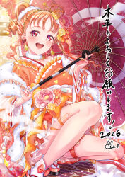  1girl 2026 absurdres ahoge alternate_costume alternate_hairstyle commentary_request earrings flower highres holding holding_umbrella iroenpitsu_xxx japanese_clothes jewelry kimono love_live! love_live!_sunshine!! oil-paper_umbrella open_mouth orange_eyes orange_hair orange_kimono platform_sandals red_umbrella sandals short_hair solo squatting tabi takami_chika teeth translated umbrella upper_teeth_only 