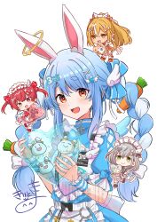  4girls :d absurdres animal_ear_fluff animal_ears apron blonde_hair blue_dress blue_hair blush bow braid brown_eyes brown_shoes carrot_hair_ornament chibi commentary_request dress food-themed_hair_ornament frilled_apron frills green_eyes grey_hair grey_shoes hair_between_eyes hair_bow hair_ornament heart heterochromia highres holding hololive hololive_fantasy houshou_marine kiritoma long_hair maid_headdress mini_person minigirl multicolored_hair multiple_girls pekomon_(usada_pekora) ponytail puffy_short_sleeves puffy_sleeves rabbit-shaped_pupils rabbit_ears rabbit_girl red_eyes red_shoes shiranui_flare shirogane_noel shoes short_eyebrows short_sleeves signature simple_background smile socks streaked_hair symbol-shaped_pupils thick_eyebrows twin_braids twintails two-tone_hair usada_pekora very_long_hair virtual_youtuber white_apron white_background white_bow white_hair white_socks 