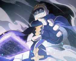  1boy absurdres black_clover black_clover_m:_rise_of_the_wizard_king black_gloves book brown_hair cape fingerless_gloves gloves grimoire grin gueldre_poizot highres looking_at_viewer magic non-web_source official_art open_book purple_cape short_hair smile solo teeth 