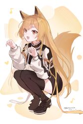  1girl :d absurdres animal_ears arknights black_jacket black_shorts black_thighhighs brown_eyes brown_hair brown_tail ceobe_(arknights) chinese_commentary claw_pose commentary_request eighth_note fang full_body hands_up highres jacket kanauwuz long_hair long_sleeves looking_at_viewer musical_note open_mouth shorts smile solo squatting tail tail_raised thigh-highs white_jacket 