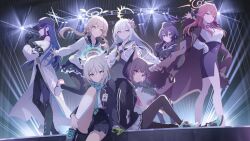  6+girls absurdres animal_ears aqua_eyes aru_(blue_archive) azusa_(blue_archive) baseball_cap black_gloves black_hair black_jacket black_pantyhose black_skirt blazer blue_archive blue_hair brown_eyes brown_hair cat_ears coat coat_on_shoulders gloves grey_hair halo haruka_(blue_archive) hat hifumi_(blue_archive) high-waist_skirt highres horns jacket kazusa_(blue_archive) key_visual knee_up long_hair long_sleeves looking_at_viewer miniskirt multiple_girls official_art pantyhose pleated_skirt promotional_art red_eyes red_hair saori_(blue_archive) school_uniform serafuku shiroko_(blue_archive) shoes short_hair sitting skirt sneakers stage_lights standing violet_eyes white_coat white_gloves white_serafuku white_skirt wolf_ears yellow_eyes 