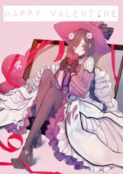  1girl braid brown_hair commentary_request fishnet_fabric fishnet_top fishnets flower hair_between_eyes hair_flower hair_ornament happy_valentine hat heart heart-shaped_pupils highres hororopoppo long_hair looking_at_viewer ludmila_(rune_factory) pink_hat pointy_ears rune_factory rune_factory_5 solo striped_sleeves symbol-shaped_pupils twin_braids twintails violet_eyes witch_hat yellow_pupils 