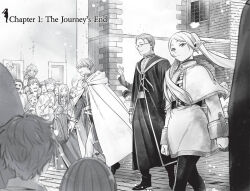  3girls 6+boys abe_tsukasa belt blue_eyes building cape capelet chapter_number commentary crowd dwarf earrings eisen_(sousou_no_frieren) elf fake_horns frieren glasses heiter helmet himmel_(sousou_no_frieren) horned_headwear horned_helmet horns jewelry long_hair long_sleeves looking_at_viewer monochrome multiple_boys multiple_girls numbered official_art outdoors pantyhose parade people pointy_ears robe shoes short_hair sousou_no_frieren teardrop_earrings twintails walking window 