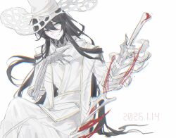  1boy absurdres alternate_costume black_hair blue_eyes callisto_(project_moon) closed_mouth commentary_request cowboy_shot dated hat highres holding holding_sword holding_weapon hong_lu_(project_moon) limbus_company long_hair looking_at_viewer male_focus ondoiro pale_skin project_moon prosthesis prosthetic_arm simple_background sitting smile solo sword very_long_hair weapon white_background white_hat 