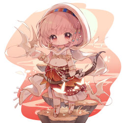  1girl absurdres anklet armlet bare_shoulders barefoot_sandals_(jewelry) beads belt blue_hairband border bow_(weapon) bracelet braid bug butterfly chibi chinese_commentary cloak closed_mouth commentary_request creature_on_hand crop_top dot_nose dragon earrings expressionless eyelashes floating_island full_body gold_anklet gold_armlet gold_belt gold_bracelet gold_earrings hair_beads hair_ornament hair_tubes hairband highres holding holding_bow_(weapon) holding_weapon hood hood_up hooded_cloak hoop_earrings infinity_nikki jewelry layered_skirt light_particles long_skirt midriff multicolored_hairband multiple_bracelets nikki_(nikki) nikki_(series) nuli_de_chengzhi_er outdoors pink_eyes pleated_skirt purifying_wind_(infinity_nikki) red_hairband red_skirt shirt side_braids skirt sleeveless sleeveless_shirt small_dragon solo standing sun sunset tareme twin_braids two-tone_hairband variant_set weapon white_border white_cloak white_shirt white_skirt wind 