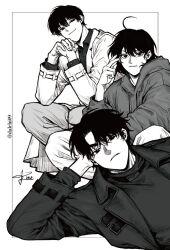  1girl 2boys ahoge black_coat black_shirt coat collared_shirt commentary dalchi09 elbow_rest english_commentary frown full_body han_sooyoung head_rest hood hood_down hoodie kim_dokja looking_at_viewer multiple_boys omniscient_reader's_viewpoint open_clothes open_coat outside_border shirt squatting v white_coat yoo_joonghyuk 