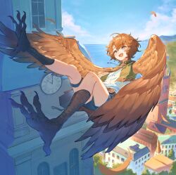  1girl belt bird_legs blue_eyes brown_feathers brown_hair brown_wings cityscape clock clock_tower commentary_request feathers flying green_vest harpy jewelry monster_girl necklace open_mouth original shirt short_hair shorts solo takedanoko talons thigh_strap tower vest white_shirt winged_arms wings 