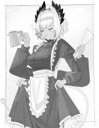  1girl absurdres alternate_costume apron arknights bird_girl blush bow breasts cable cable_tail closed_eyes curtsey dark-skinned_female dark_skin duster electric_plug electric_plug_tail enmaided extra_arms feather_hair head_wings highres holding holding_duster holding_kettle kettle maid maid_apron maid_headdress mechanical_tail medium_breasts open_mouth raidian_(arknights) short_hair simple_background solo spam_(spamham4506) sparkle tail wings 