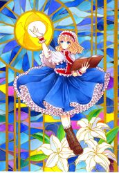  1girl absurdres alice_margatroid blonde_hair blue_dress blue_eyes book boots brown_boots capelet commentary_request dress flower flower_request frilled_dress frilled_hairband frilled_sash frills full_body hairband highres holding holding_book lace-up_boots lolita_hairband long_hair open_book red_hairband sash solo touhou traditional_media white_capelet white_flower wrist_cuffs yuuki_hana_(jtnp5334) 