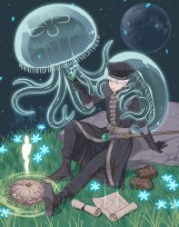  1boy :d arizuka_(catacombe) black_boots black_gloves black_hat black_pants black_robe boots character_request commentary_request elden_ring floating gloves grass hat highres jellyfish long_sleeves male_focus map moon night outdoors pants robe short_hair sitting smile solo watermark white_hair 